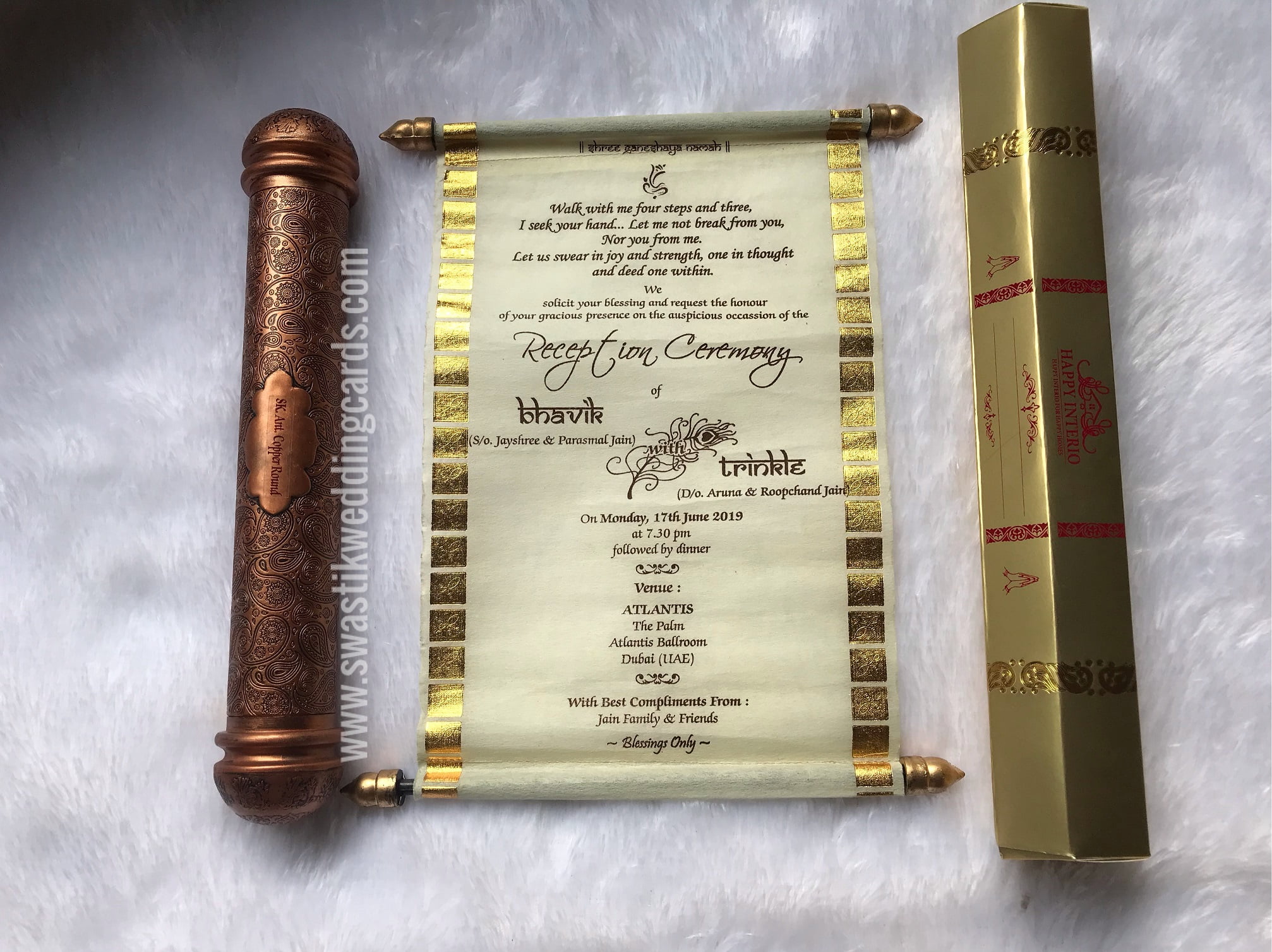 Royal Scroll Invitation Cards with Fiber Moulded Plastic Boxes & Cover